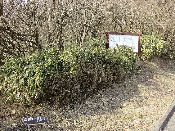 玉川大学の看板と白銀山登山口