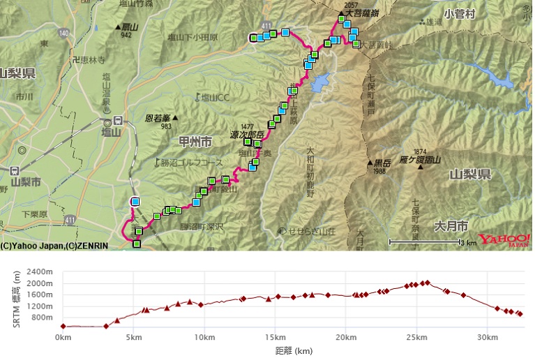 勝沼ぶどう郷駅から入山し、甲州高尾山～棚横手山～大滝山源次郎岳～砥山～大菩薩峠～裂石区間