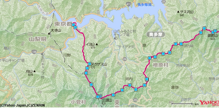 f:id:aohige0718:20170305170701j:plain 惣岳山~小河内峠~三頭山~ヌカザス山~奥多摩湖の登山ルートと標高差