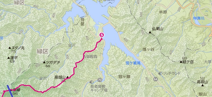 宮ヶ瀬湖から入山し、丹沢三峰本間ノ頭まで歩いた前編の登山ルート