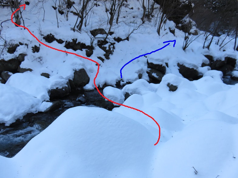 河原に下り矢印の通り渡渉