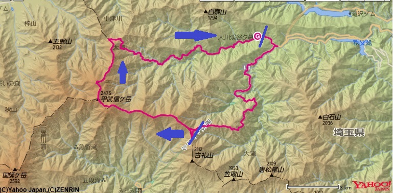 雁坂峠～甲武信ヶ岳～三宝山～武信白岩山～十文字小屋～柳避難小屋～入川渓谷夕暮れキャンプ場までの登山ルート