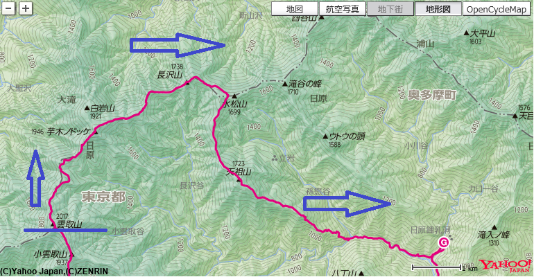 雲取山～芋ノ木ドッケ～長沢背稜～天祖山～日原鍾乳洞のコース・標高差地図ト