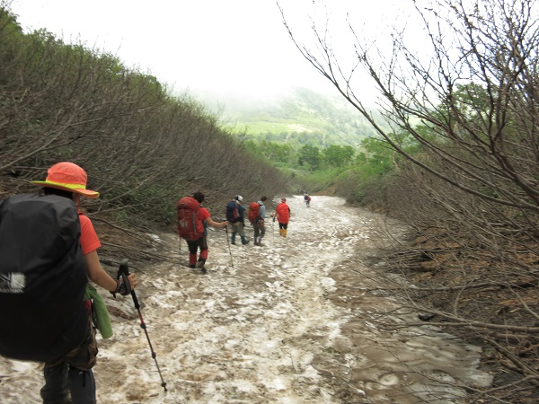 燧ヶ岳の山頂から熊沢田代方面の登山道