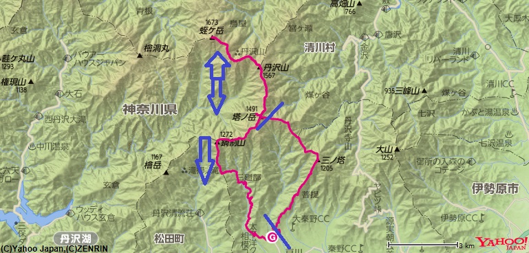 塔ノ塔～丹沢山～蛭ヶ岳～鍋割山の登山ルート