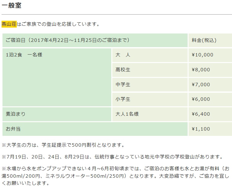 燕山荘の宿泊料金