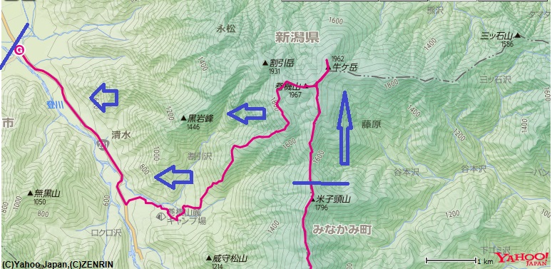 上越国境稜線縦走路牛首山～巻機山～巻機山登山口までのルート