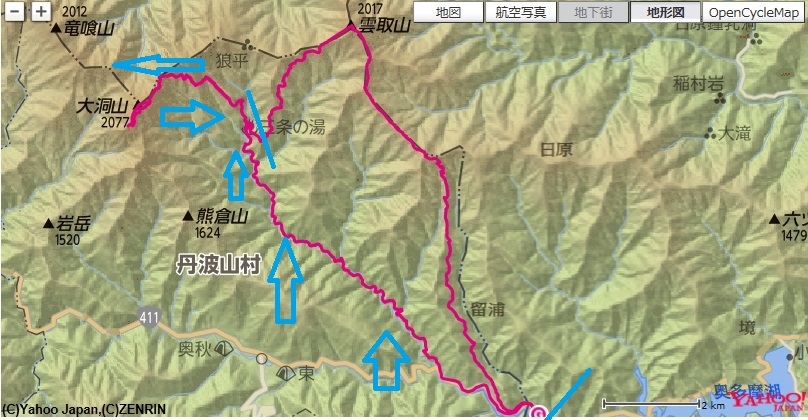 留浦無料駐車場～飛龍山～三条の湯区間に