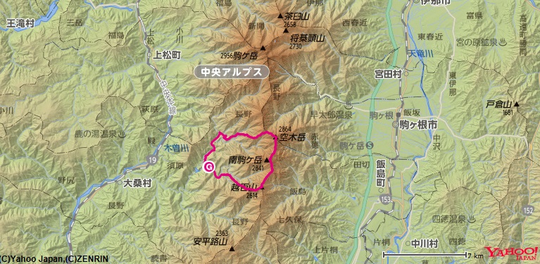 百山～南駒ヶ岳～空木岳のコース