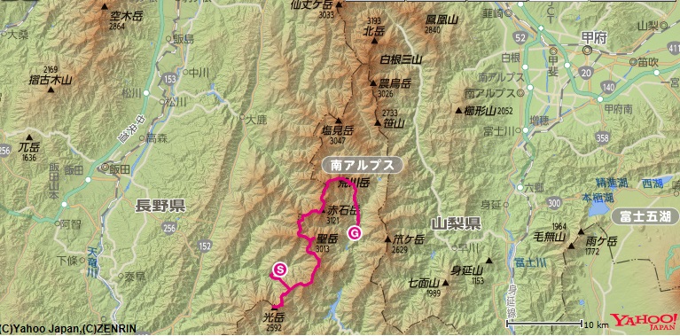 南アルプス光岳～聖岳～赤石岳～荒川岳縦走のコース・高低差