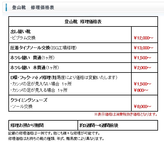 登山靴の修理の価格