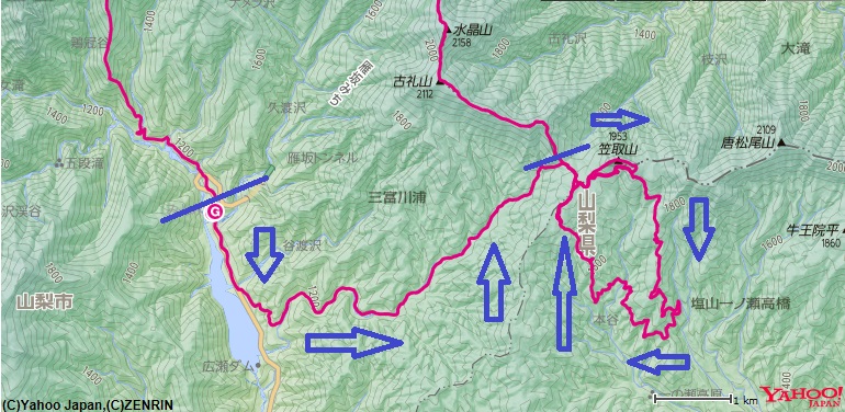 雁峠～笠取山～笠取小屋～水干～黒エンジュまでの登山ルート区間