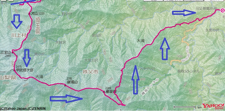 十文字小屋～武信白岩山～三宝山～甲武信ヶ岳～破風山～雁坂小屋～樺避難小屋～栃本までの登山コース