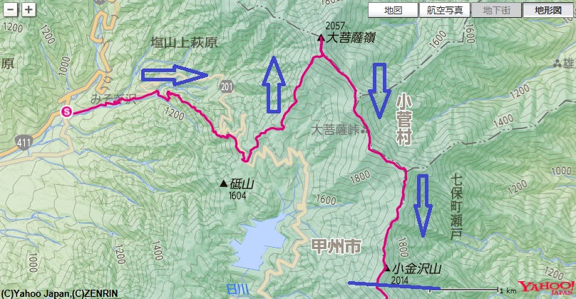 上日川峠～福ちゃん荘～大菩薩嶺～大菩薩峠～熊沢山～小金沢山までの登山ルート