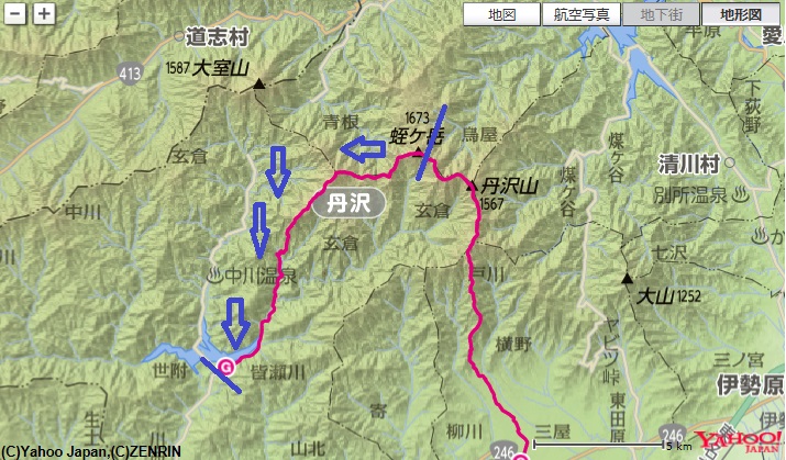 蛭ヶ岳～桧洞丸～石棚山(石棚山稜)～玄倉～丹沢湖の丹沢主稜縦走の登山ルート