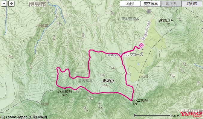 天城山（万次郎岳・万三郎岳）を歩いた登山ルートの地図