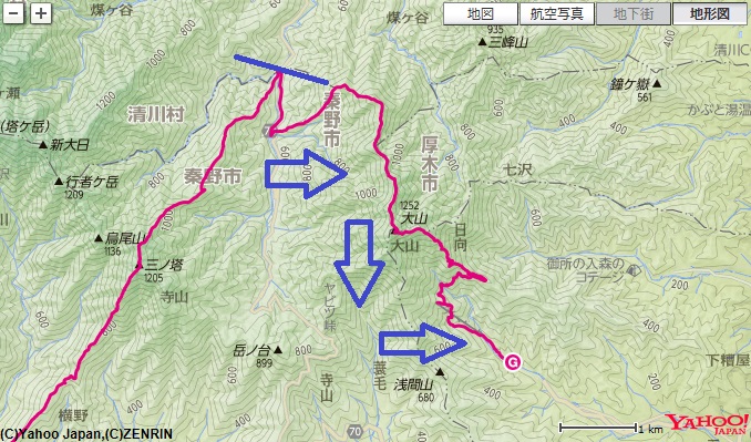 札掛～大山北尾根～ミズヒノ頭～阿夫利神社下社～大山寺までの登山ルート