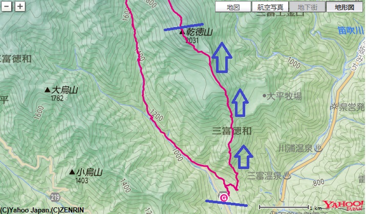乾徳山登山口から道満尾根ルートで、道満山～髭剃岩～鳳岩～乾徳山までの登山ルート
