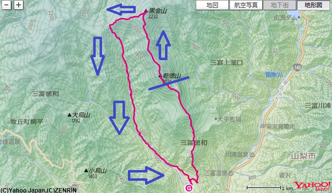 乾徳山スタートし、笠盛山～黒金山～大ダオ～長尾ノ滝～乾徳山登山口までの登山ルート