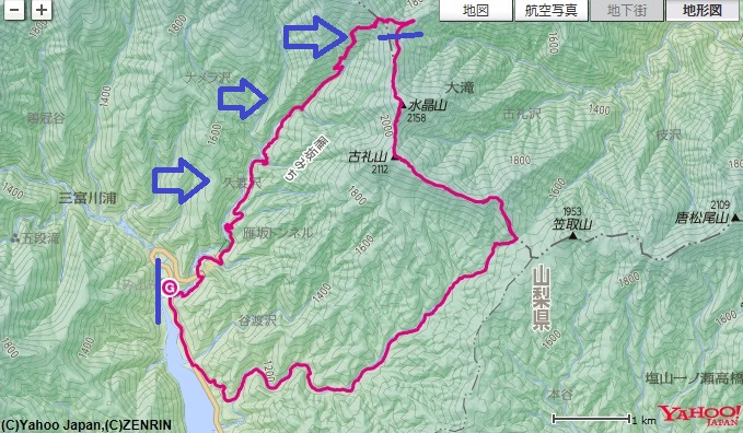 道の駅みとみ～沓切沢橋～雁坂峠～雁坂小屋の登山ルート