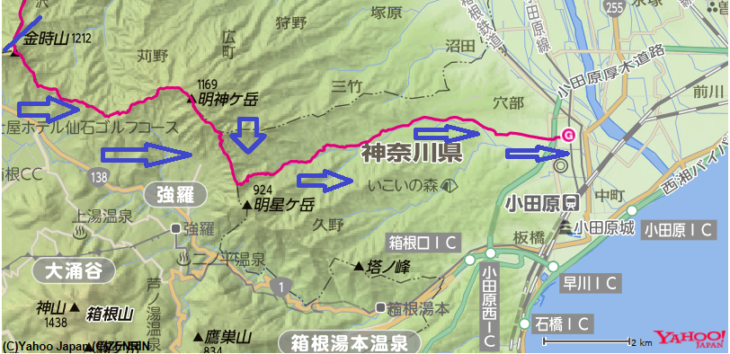 金時山・明神ヶ岳和留沢ルートのコースと標高差