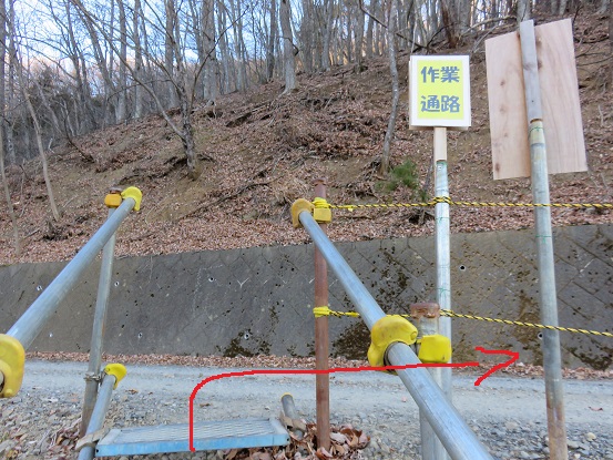 滝子山の寂ショウ尾根入口林道に出て赤矢印の通り右側へ進む