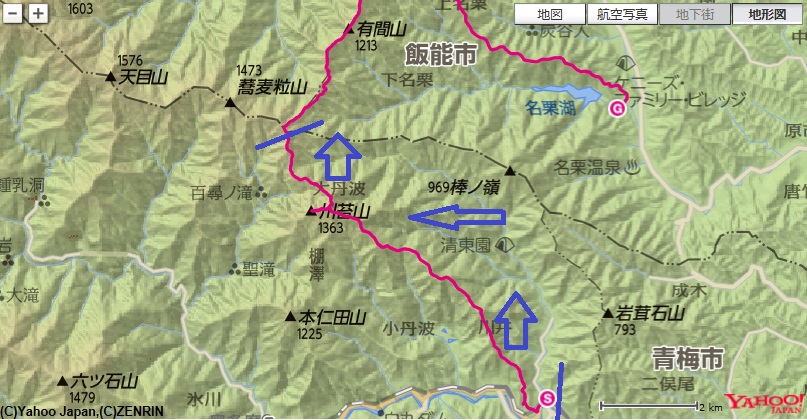 赤杭尾根を使って赤杭山～川苔山川乗山～日向沢ノ峰コース・標高差