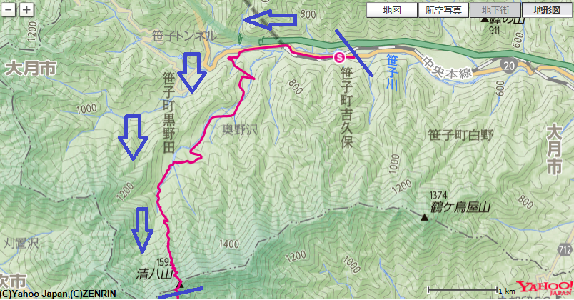 清八山・三ツ峠山登山の地図とコース標高差