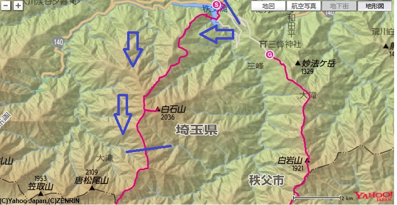 和名倉山登山のルートと標高差の地図