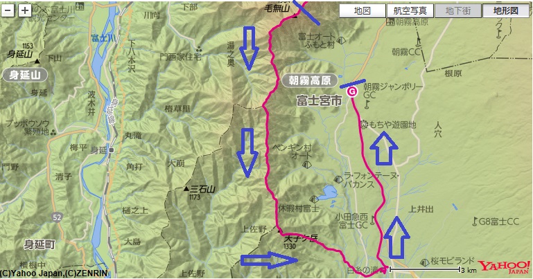 コース・標高差（毛無山～長者ヶ岳～天子ヶ岳～白糸の滝