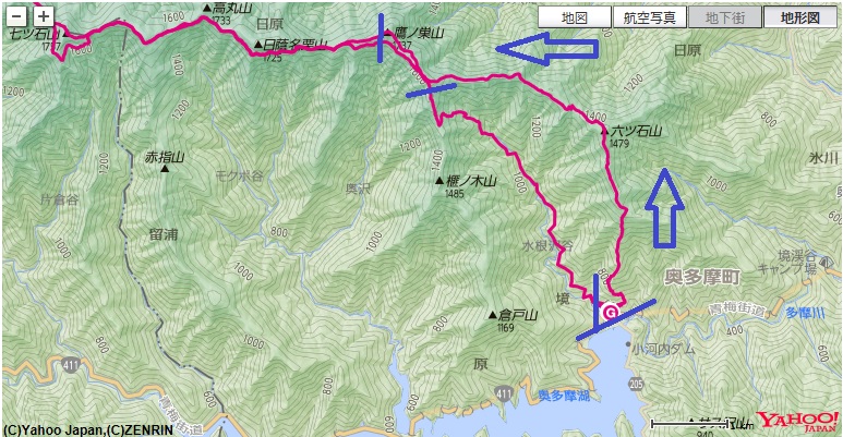 コース・標高差水根～六ツ石山～水根山～鷹ノ巣山～雲取山