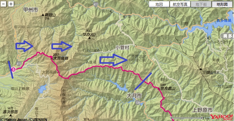 大菩薩嶺～大菩薩峠～榧ノ尾山～大マテイ山～鶴寝山～松姫峠のコース・標高差