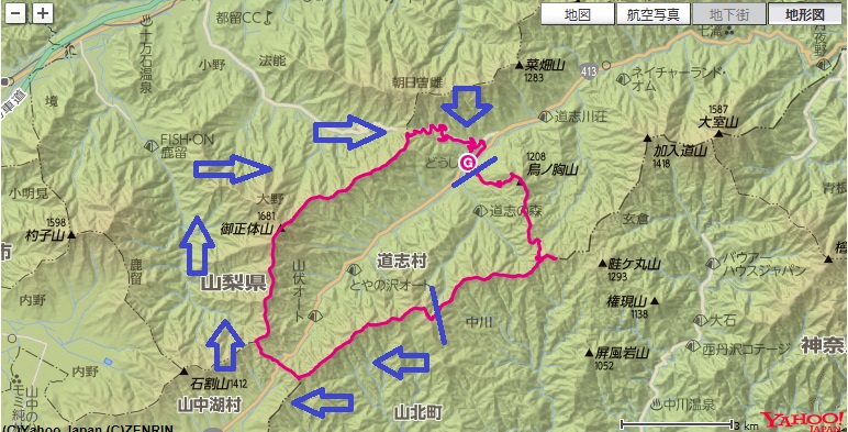みちの駅どうし、御正体山、菰釣山、甲相国境尾根、山伏峠コース・標高差後編部分