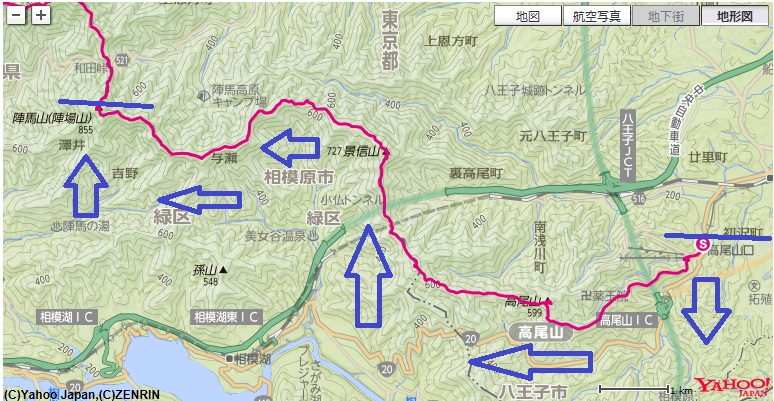 笹尾根日帰り縦走のコース・標高差（高尾山～陣馬山）