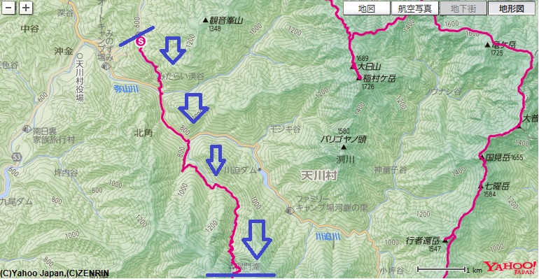 双門の滝・弥山川双門ルート八経ヶ岳のコース・標高差