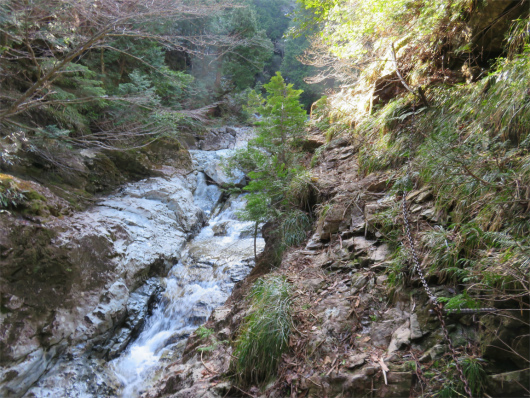 狼平避難小屋手前の登山道は左側崖