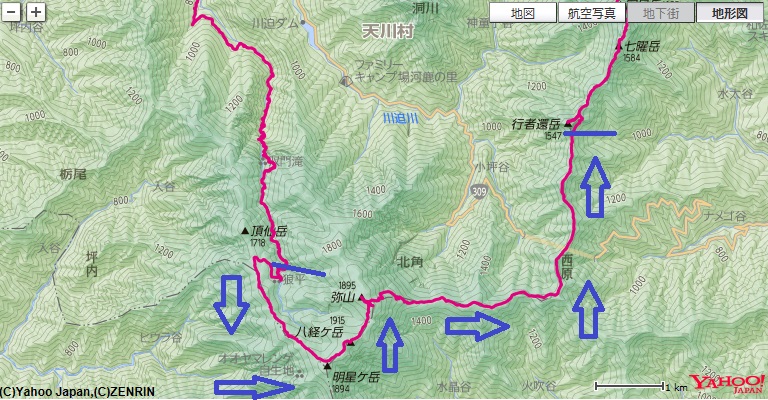 八経ヶ岳・弥山の登山コース・標高差地図