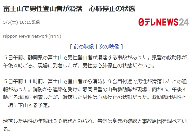 富士山滑落事故ニュース