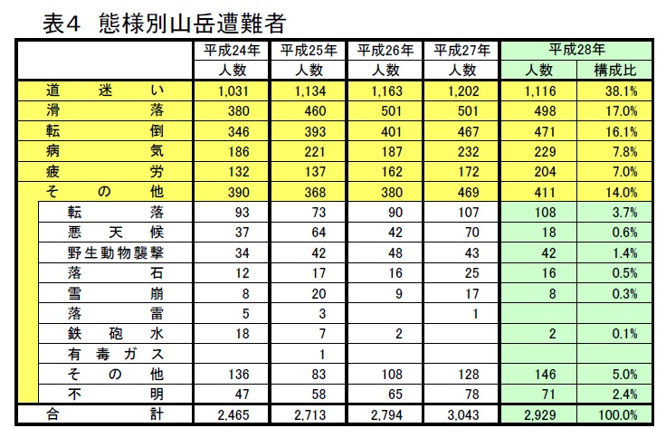 山岳遭難の原因統計資料