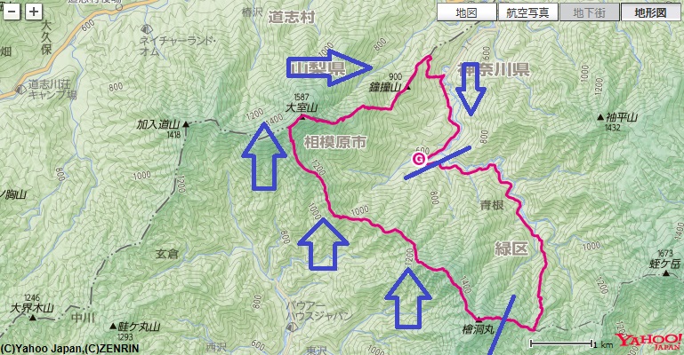 f:id:aohige0718:20180523152512j:plain 檜洞丸~大室山~鐘撞山コース・標高