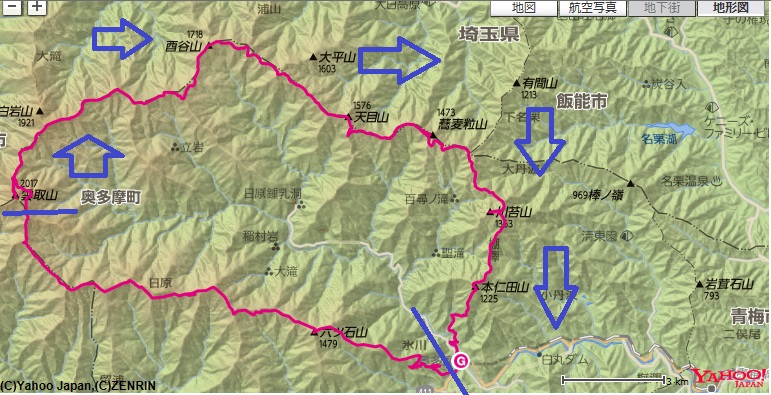 奥多摩大縦走コース・標高差雲取山～長沢山～天目山～川苔山～本仁田山