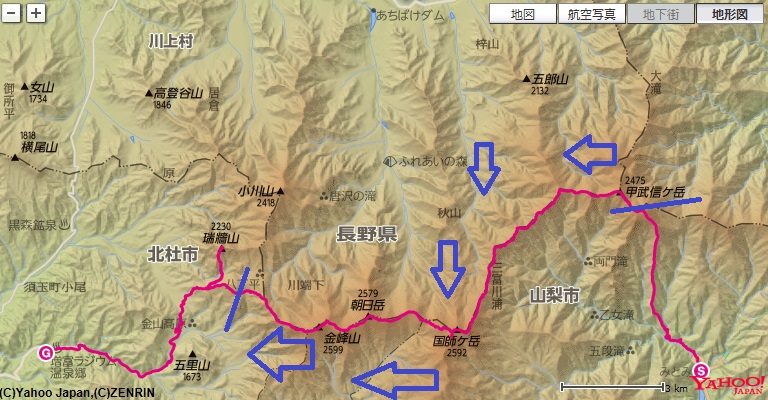 コース・標高差(国師ヶ岳～北奥千丈岳～金峰山～大日小屋）