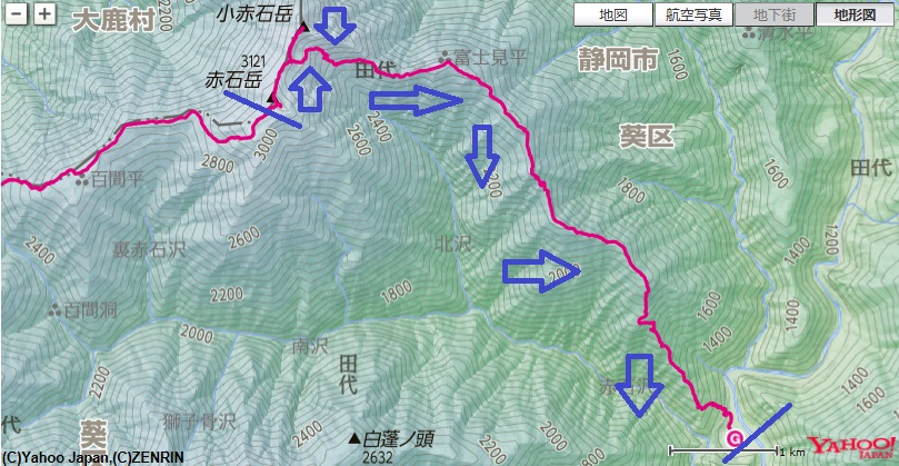 赤石岳から出発し、小赤石岳赤石小屋を経由して椹島ロッジ下山