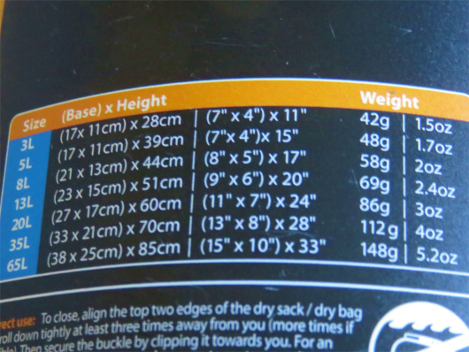 シートゥサミット防水バックサイズ一覧表