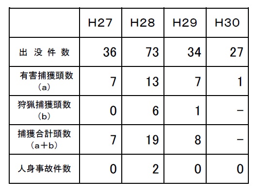 埼玉県全域での熊出没情報を年毎にまとめた表