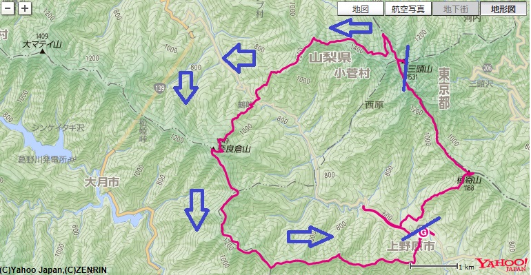 三頭山～鶴峠～奈良倉山～坪山～びりゅう館の登山ルート