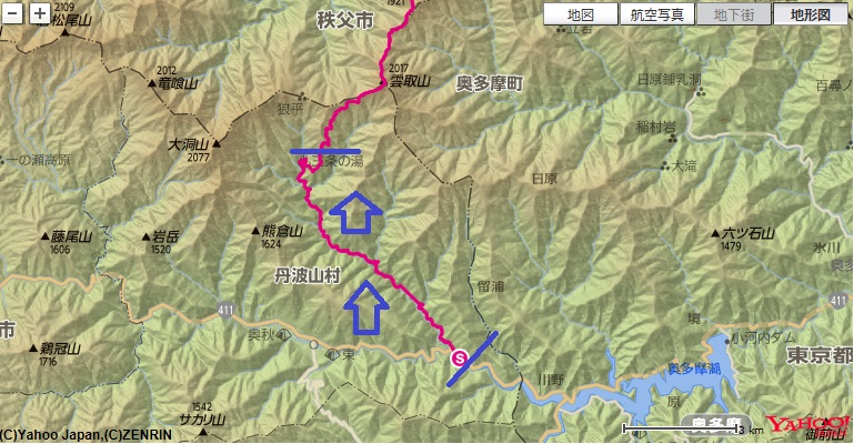 f:id:aohige0718:20181127204119j:plain JR奥多摩駅~お祭りバス停~三条の湯への登山ルート
