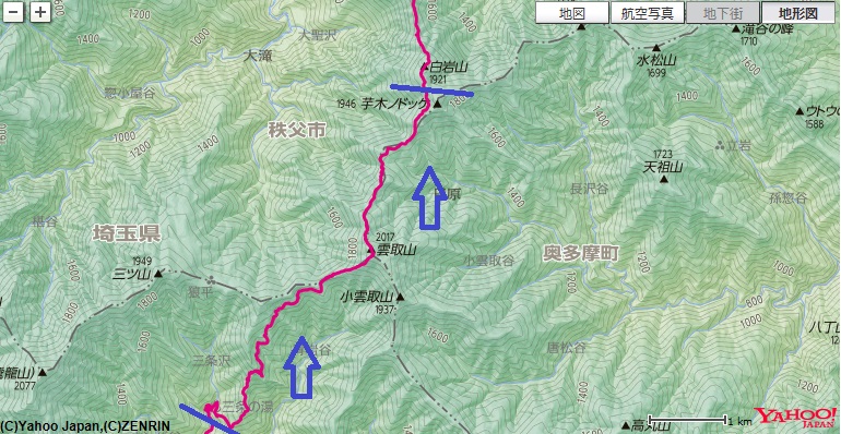 中編で歩いた三条の湯～雲取山～雲取山荘～芋ノ木ドッケまでの登山ルート