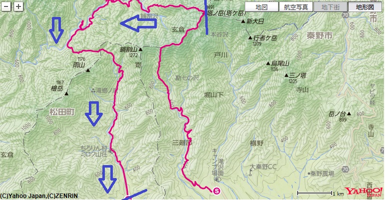 f:id:aohige0718:20181204112103j:plain 塔ノ岳から不動の清水・尊仏ノ土平・ユーシンロッジ・雨山峠・寄バス停への登山コース