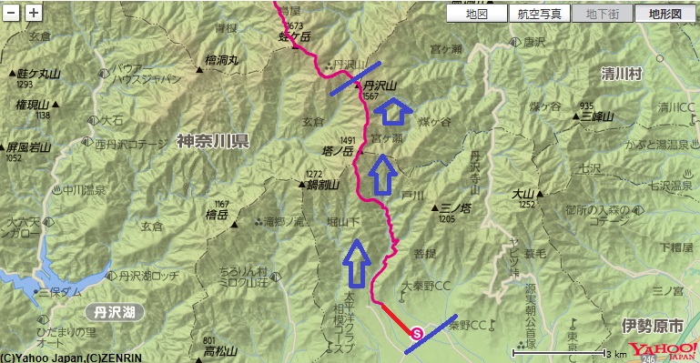 戸沢バス停～竜神の泉～新茅山荘～作治小屋～天神尾根～塔ノ岳～丹沢山（丹沢主脈縦走路）への登山ルート